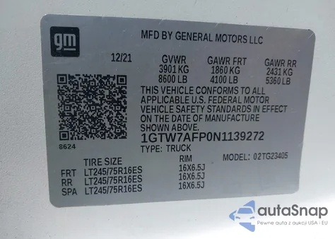 2022 GMC Savana Cargo Rwd 2500 Regular Wheelbase Work Van z USA, uszkodzony, nr VIN 1GTW7AFP0N1139272